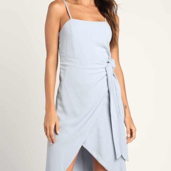 Lulus Stay Sunny Light Blue Faux Wrap Midi Dress - Size XL - Picture 1 of 1